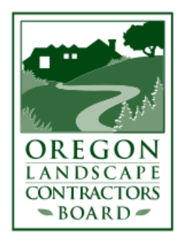 The image features a logo with a house, tree, and winding path, labeled "Oregon Landscape Contractors Board" in green text.
