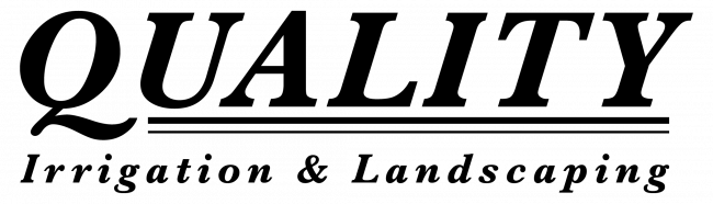 Text logo reads "QUALITY Irrigation & Landscaping" in bold, elegant font, emphasizing excellence in landscape and irrigation services, with underlined emphasis on quality.