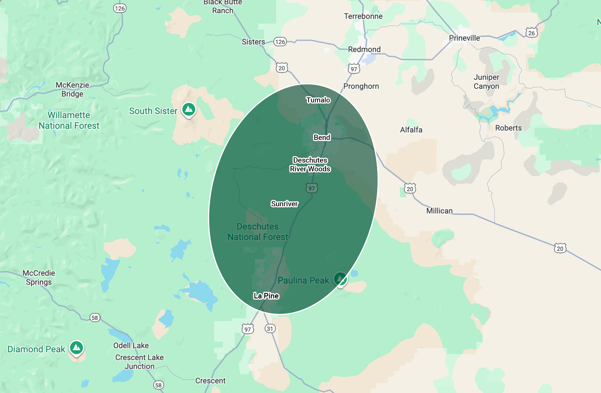 Map of central Oregon showing cities, highways, and natural landmarks like Deschutes National Forest, South Sister, and Diamond Peak. Highlighted area includes Bend.