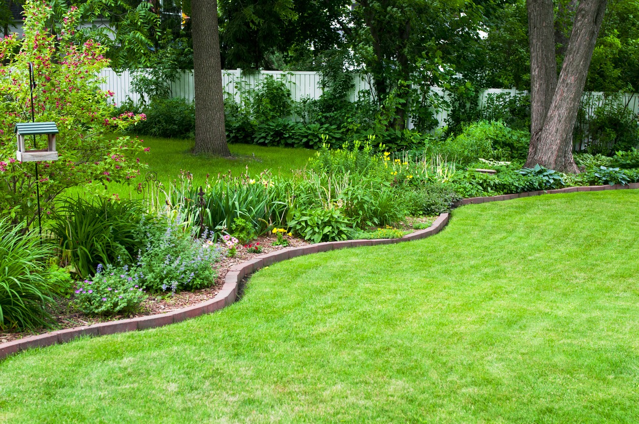 A lush garden with colorful flowers, manicured lawn, and tall trees, bordered by a white fence under a bright, clear sky.