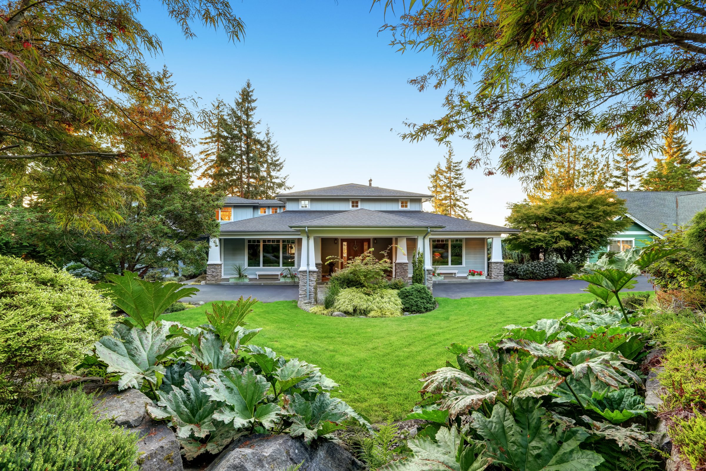 A charming house with a wide porch, nestled in lush greenery and trees, under a clear blue sky, set in a serene neighborhood.